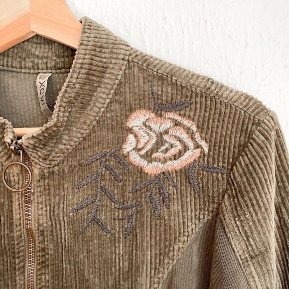 Xcvi Chapman Jacket Dress Women's Small Corduroy Olive Green Embroidered Flowers - Picture 3 of 13